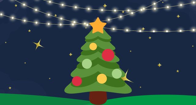 A christmas tree with yellow green and red decorations on it. The backdrop is a night sky full of stars with lights above the tree